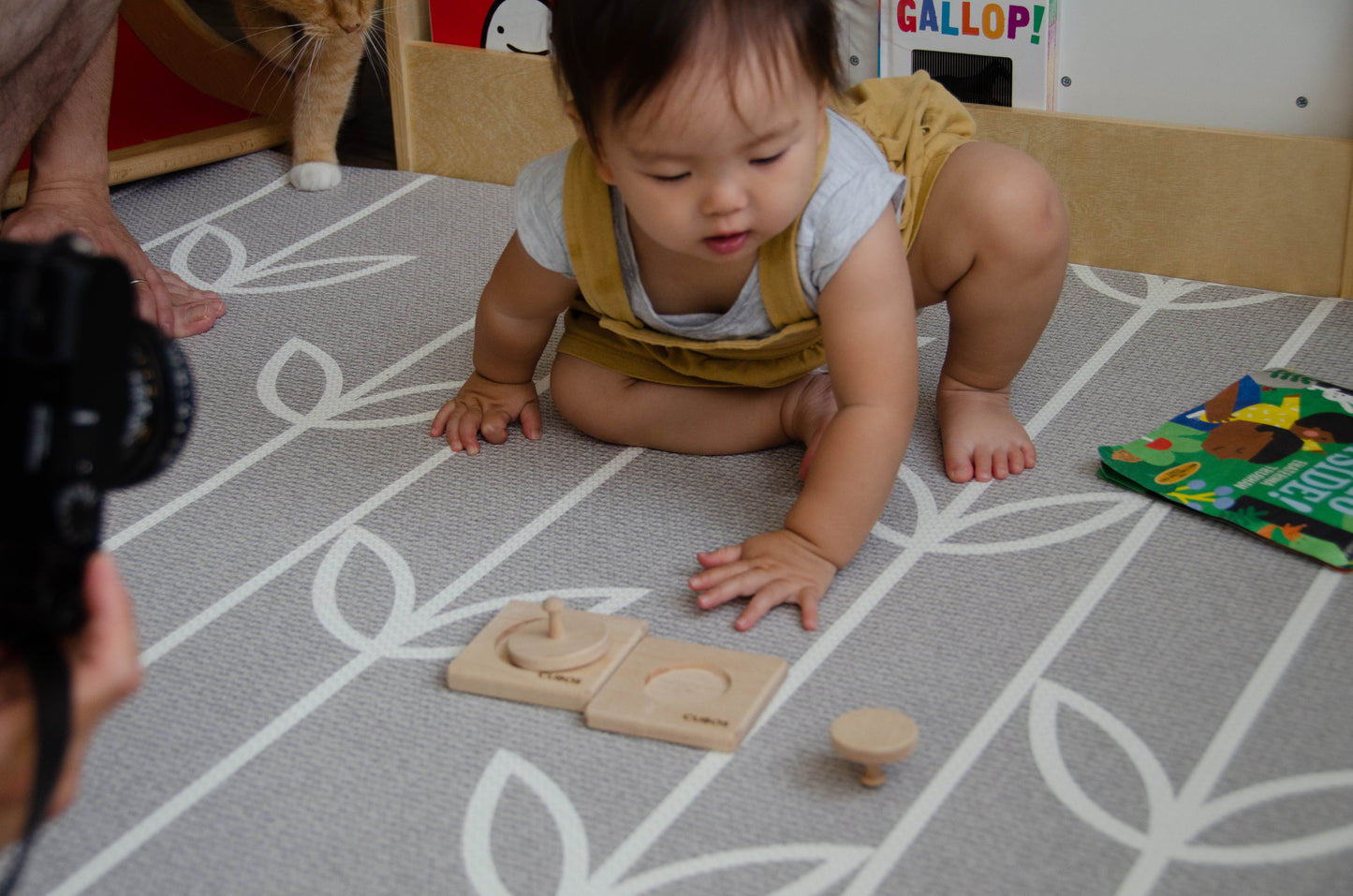 Curious baby attentively observing one of the circle puzzles from the set, taking in the details and contemplating how to interact with the engaging wooden toy.