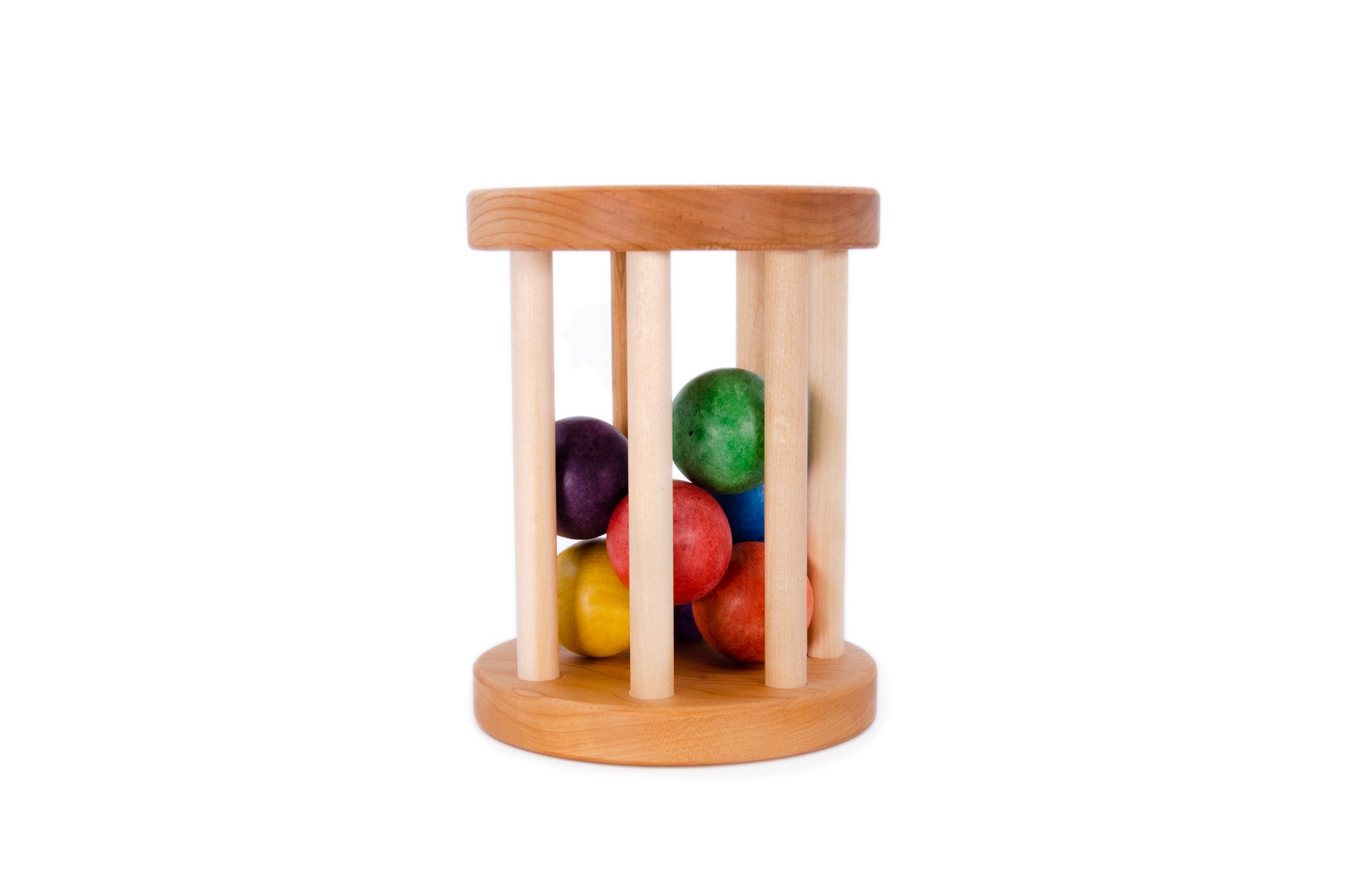 Color balls cylinder with 7 rainbow colors - Red, Orange, Yellow, Green, Blue, Indigo, Purple The round base plates are made with Maple, the dowels are birch hardwood. The colors are Zuelch water base stain from Germany, clear coat is also by Zuelch.