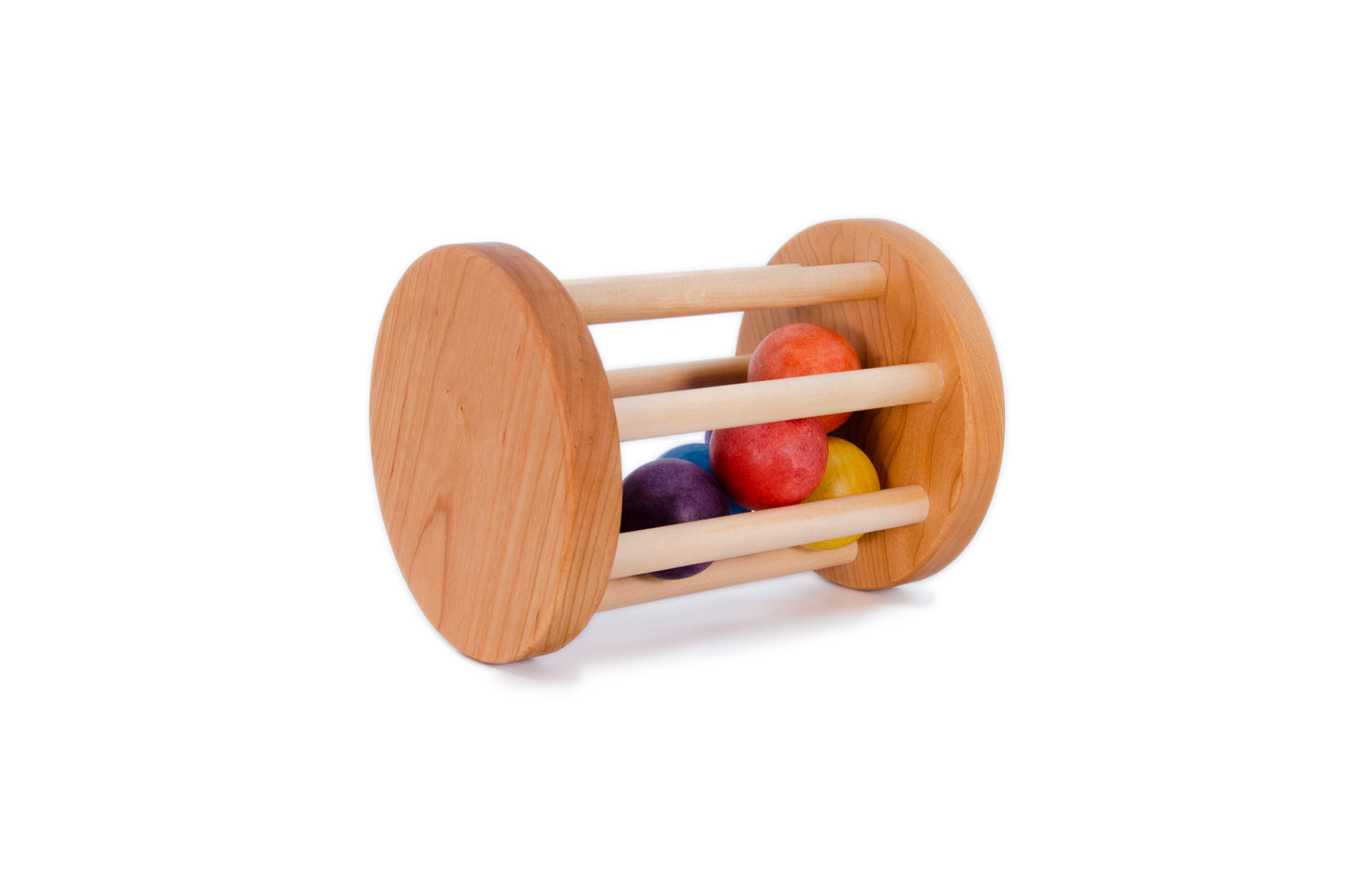 Color balls cylinder with 7 rainbow colors - Red, Orange, Yellow, Green, Blue, Indigo, Purple The round base plates are made with Maple, the dowels are birch hardwood. The colors are Zuelch water base stain from Germany, clear coat is also by Zuelch.