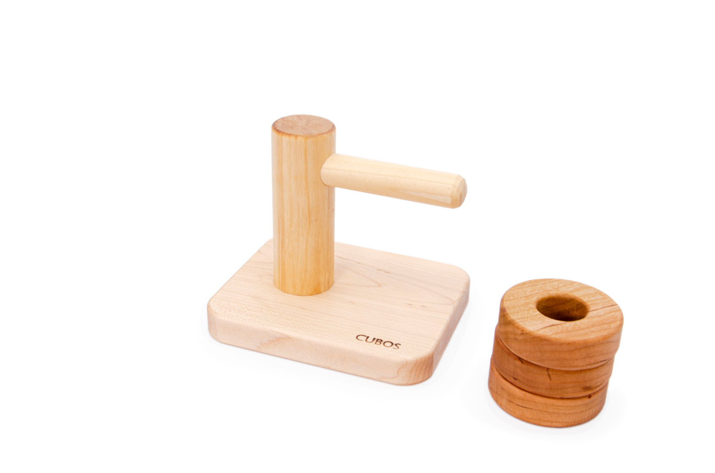 Montessori Horizontal Dowel Rings Stacker - A wooden toy featuring a horizontal dowel with rings of the same size stacked on it, made of hardwood Cherry for durability. 100% natural and finished only with Beeswax, ensuring safety and a natural touch in Montessori education.