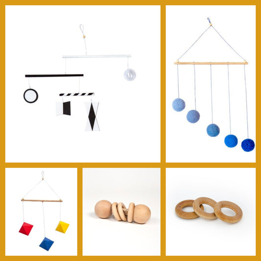 0-3 Months Montessori Toy Rental Kit, include 3 ring rattles, gobbi mobile, munari mobile, teeth rings, octahedron mobile