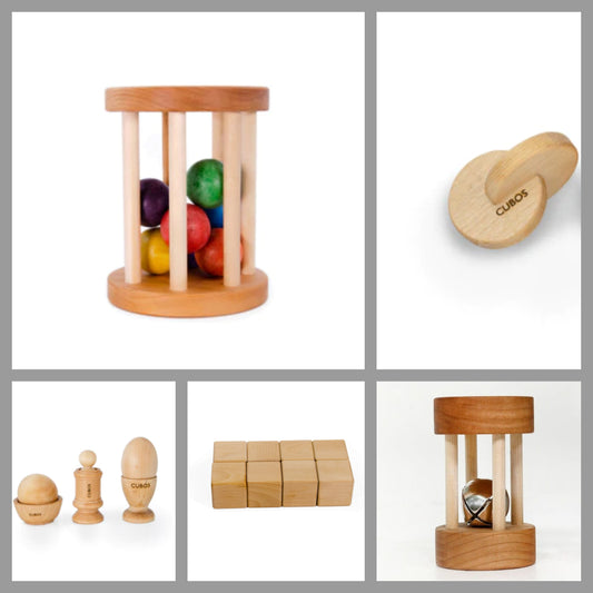 4-6 Months Montessori Toy Rental Kit - Color Ball Cylinder, Interlock Dics, Bowl, Egg, Peg, 8 cubes, Small Bell Cylinder Rattle