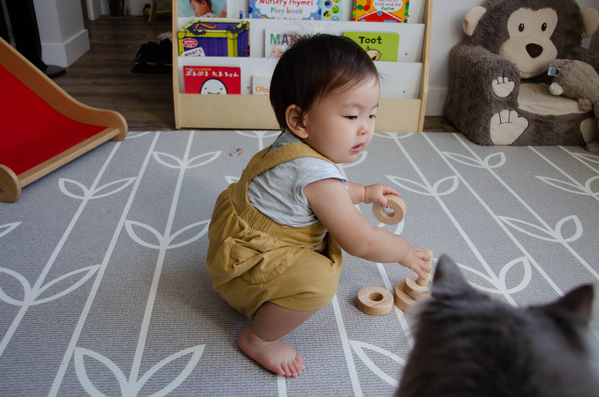 Baby girl joyfully playing Vertical Dowel with 3 Same Size Rings alongside her kitty, exploring size and spatial concepts while enhancing motor skills and enjoying delightful company.