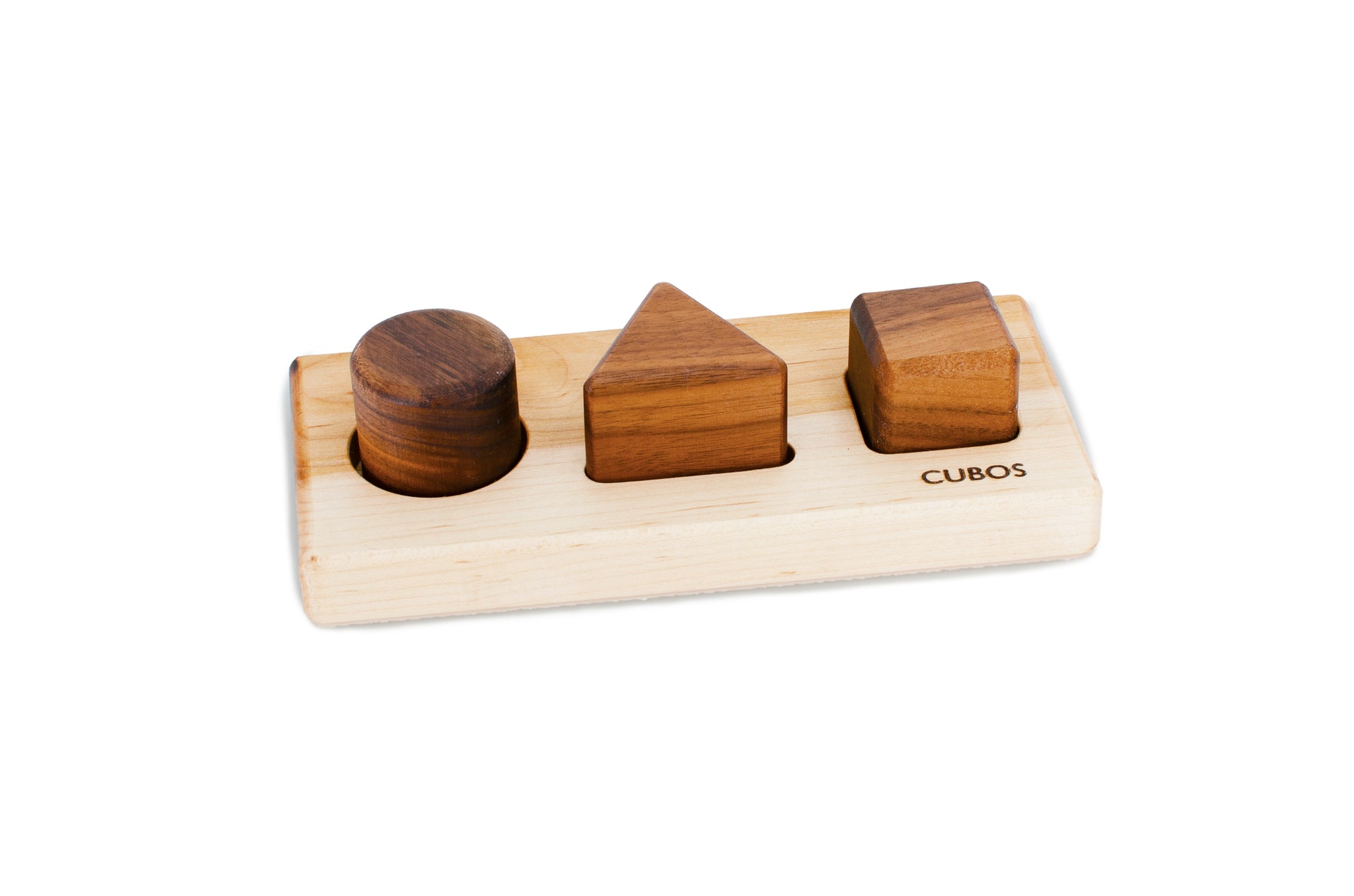 Cubos Basic - A wooden shape sorting toy with three fundamental shapes, offering a simplistic yet engaging design for shape recognition and fine motor skills development in Montessori education