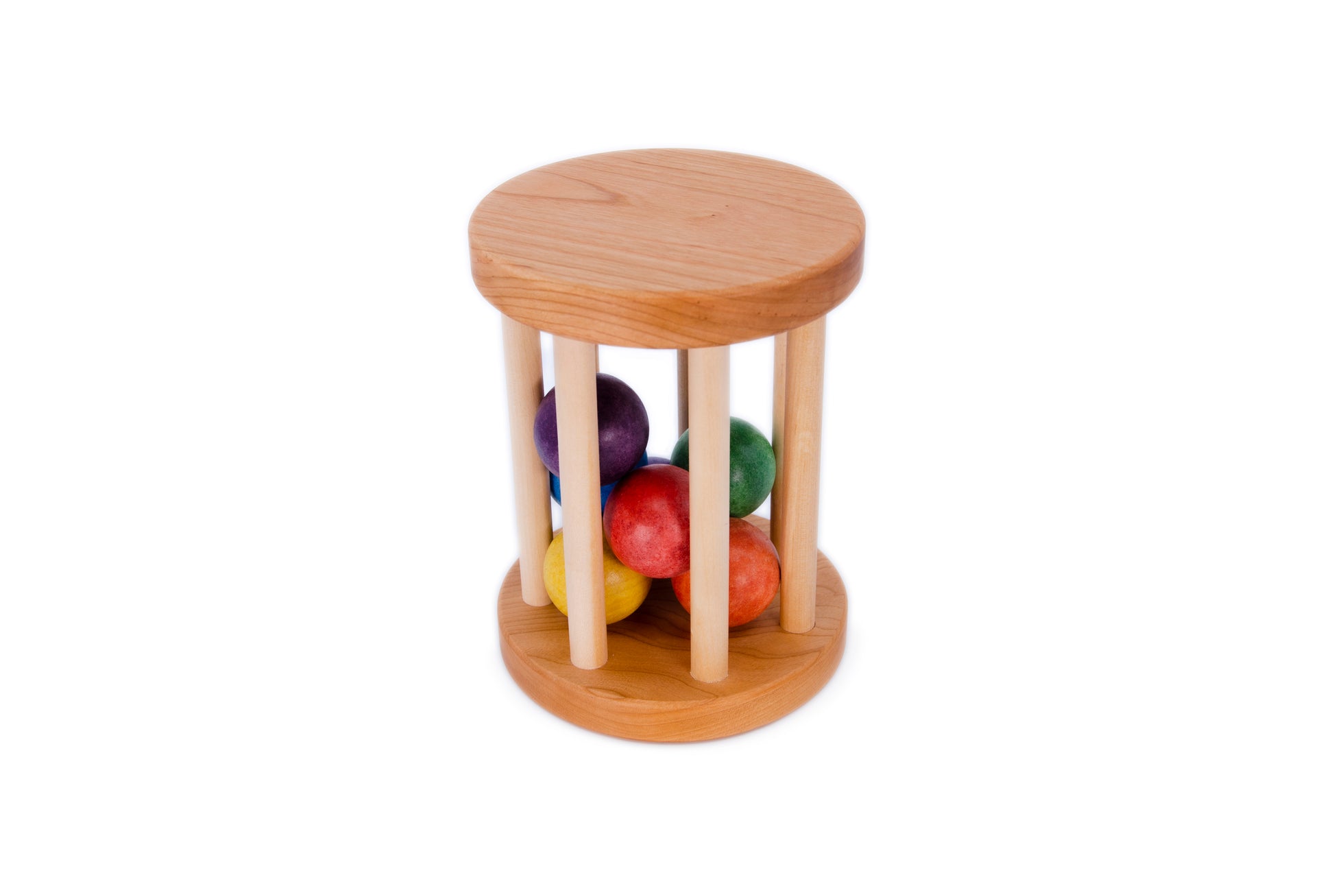 Color balls cylinder with 7 rainbow colors - Red, Orange, Yellow, Green, Blue, Indigo, Purple The round base plates are made with Maple, the dowels are birch hardwood. The colors are Zuelch water base stain from Germany, clear coat is also by Zuelch.