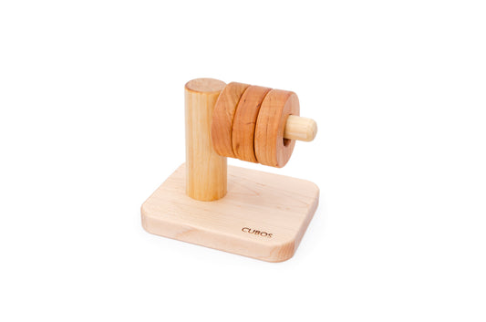 Montessori Horizontal Dowel Rings Stacker - A wooden toy featuring a horizontal dowel with rings of the same size stacked on it, encouraging fine motor skills and coordination in Montessori education.