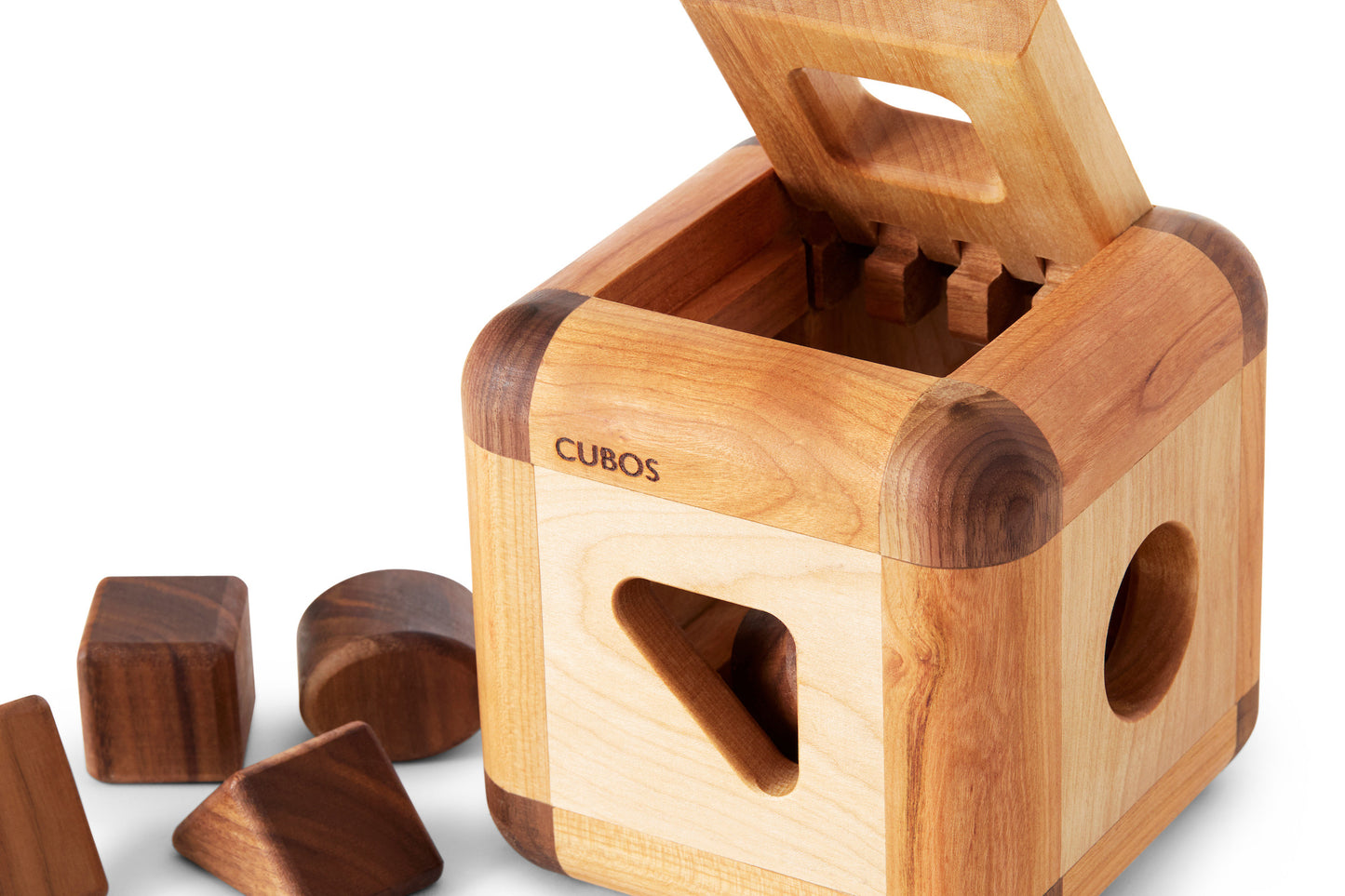 Cubos Lite (Opened) - A wooden shape sorting toy featuring a compact and simplified design, ideal for promoting shape recognition and fine motor skills in Montessori education.